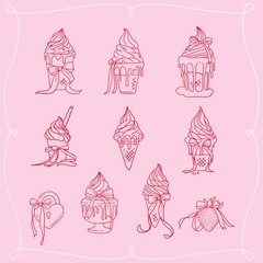 Hand drawn romantic doodle set with icons in the form of icecreams with bows and ribbons. Vector linear illustrations with ice cream with free hand lines.