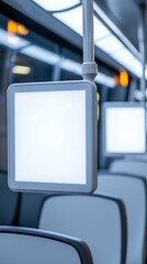 Empty bus interior with digital blank display screen and rows of seats in modern public transport, mockup concept