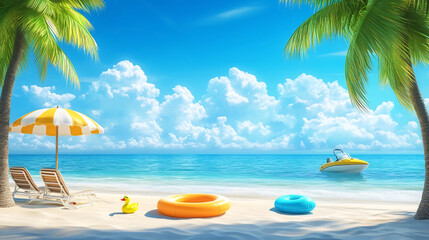 Fototapeta premium Idyllic Tropical Beach Scene with Palm Trees Floating Inflatables and Summer Leisure Accessories