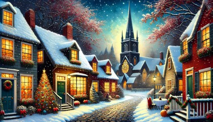 A quaint winter village with snow-covered roofs, a warm glow from the windows and trees decorated with autumn foliage.  This picturesque painting captures the cozy charm of Christmas.