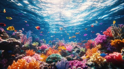 Fototapeta premium Vibrant Coral Reef Ecosystem With Colorful Fish Swimming