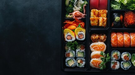 Fototapeta premium Modern bento box arrangement with vegan sushi and side dishes, set on a sleek black surface, [nutritious Japanese food box], [fusion cuisine]