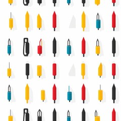 Simple minimalist silhouettes of office supplies in primary colors on white background
