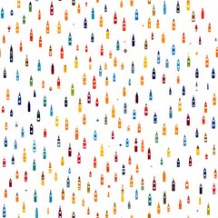 Minimalistic silhouettes of office supplies in primary colors on white background   seamless pattern