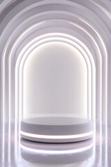 Futuristic Neon Lit Round Pedestal Mockup in Clean White Warehouse Setting
