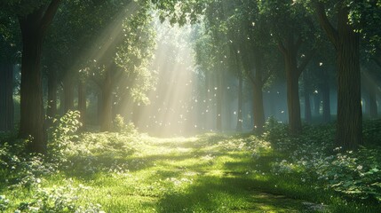 Obraz premium Sunbeams illuminate a magical forest path.