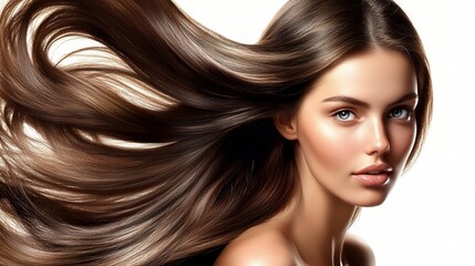 Beautiful Woman with Radiant Skin and Flowing Hair Portrait