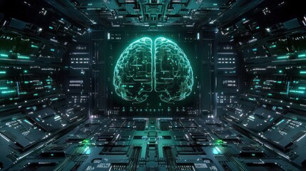 Futuristic digital brain interface inside a technological server room.