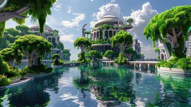 A tranquil scene of a floating island with advanced architecture and lush greenery