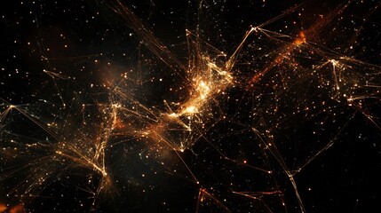 Abstract cosmic network, glowing orange and gold particles connected by lines on black background.