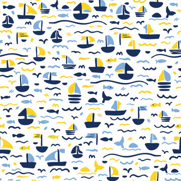 Coastal, sea life seamless repeat pattern. Hand drawn, vector boats, waves, fishes, wales and birds aop, all over print on white background.