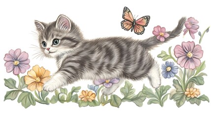 Adorable Watercolor Cat Playfully Running Among Colorful Flowers