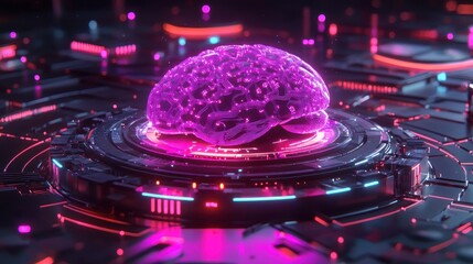 Futuristic digital brain on a technological platform.