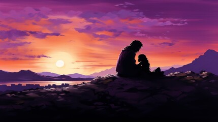 Obraz premium Silhouette of two figures in purple symbolizing balance and harmony in life s aspects