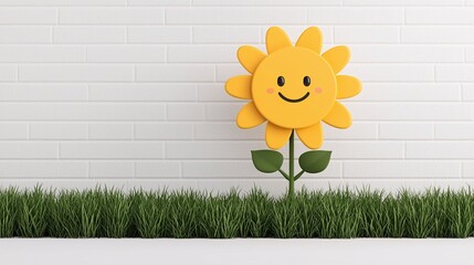Happy cartoon sunflower in front of white brick wall.