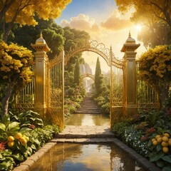  Ornate golden gates open to a lush garden, with a pond and steps leading to a waterfall.