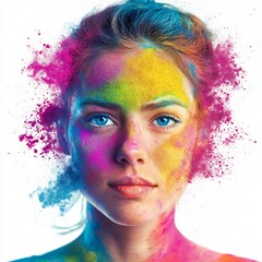 Vibrant Holi Festival with Colorful Paint Powder Explosion on White Background