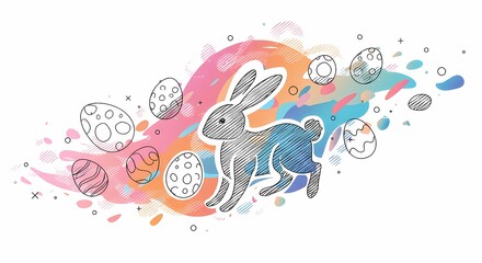 Abstract Line Art of the Easter Bunny & Eggs, Holiday Celebration, Modern Art, Messy Design