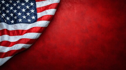 American flag draped on red background, copy space.