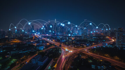 Fototapeta premium Smart digital city with connection cyber security network reciprocity over the cityscape . future smart wireless digital city and social media networking systems that connects people within the city