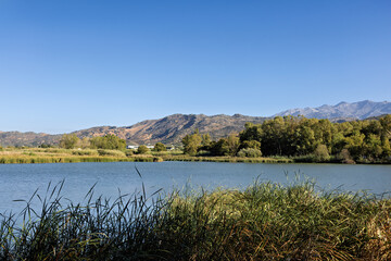 Mountain landscape with lake on the island of Crete, Greece