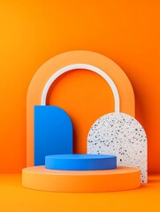 Orange Background Geometric Podium Display - Abstract vibrant orange and blue geometric shapes create a modern product display podium.  Clean lines, bold colors, minimalist design, contemporary style,