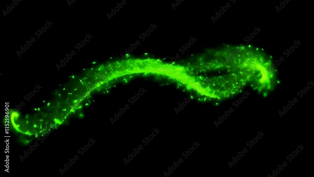 Fototapete Swirling green light trails against a deep black backdrop. Sparkling particles create an elegant, mesmerizing effect. Dynamic abstract background video.