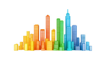 Obraz premium A colorful skyline composed of various stylized buildings, showcasing a vibrant cityscape with different heights and hues.