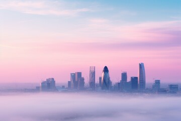 Fototapeta premium Misty city skyline a dreamy silhouette in pastel hues of soft pink and light blue