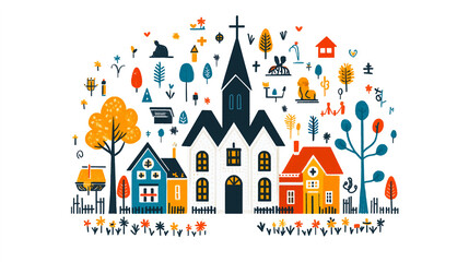 Obraz premium Digital illustration of a quaint village, with a central church and surrounding houses, all in a vibrant color palette and icons representing a peaceful community.