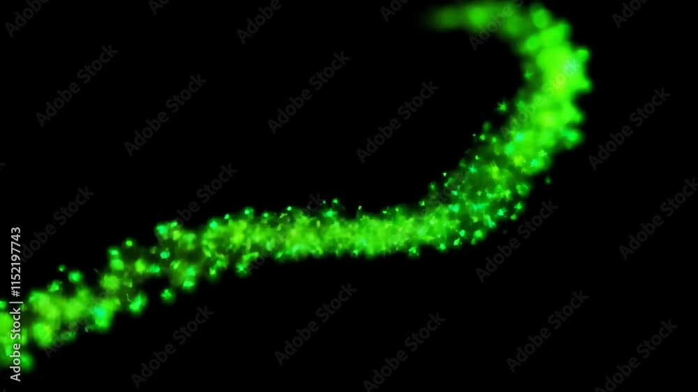 Poster swirling green light trails against a deep black backdrop. sparkling particles create an elegant, me