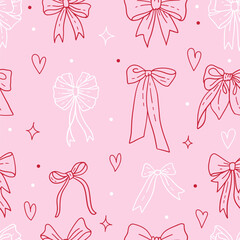Seamless pattern with linear pink bow knots on pink background. Trendy hair braiding accessory background. Doodle vector illustration for wrapping paper, packaging, fabric, decor