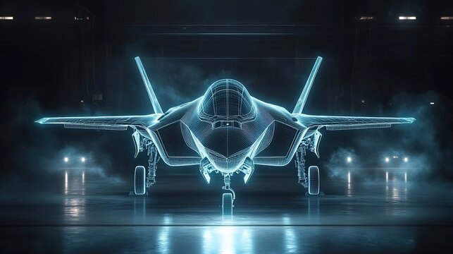 A sleek F-35 jet stands in the hangar, its wireframe hologram shimmering with glowing edges. 