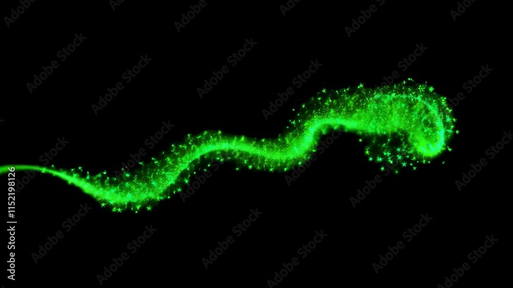 Poster Swirling green light trails against a deep black backdrop. Sparkling particles create an elegant, mesmerizing effect. Dynamic abstract background video.