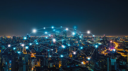 Fototapeta premium Smart digital city with connection cyber security network reciprocity over the cityscape . future smart wireless digital city and social media networking systems that connects people within the city