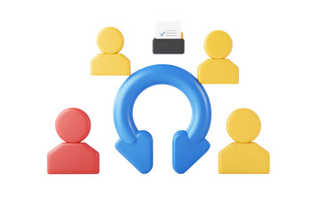 Obraz premium A circular blue arrow surrounded by colored user icons, symbolizing collaboration or feedback in a group setting.