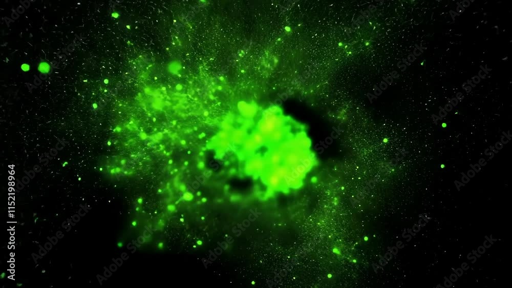 Fototapete swirling green light trails against a deep black backdrop. sparkling particles create an elegant, me