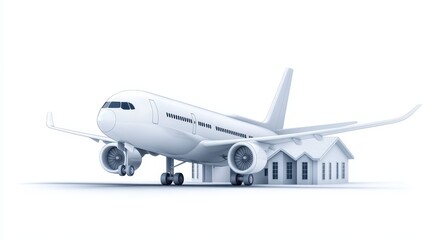 Obraz premium White airplane near cozy house, tranquil scene of travel and home residential