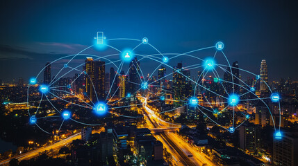Fototapeta premium Smart digital city with connection cyber security network reciprocity over the cityscape . future smart wireless digital city and social media networking systems that connects people within the city