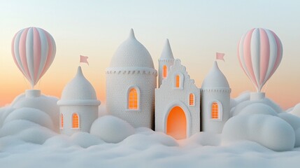 Fototapeta premium Whimsical white castle nestled in clouds with hot air balloons at sunset.