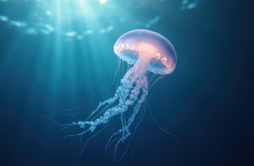 group of jellyfish swimming in the open ocean.