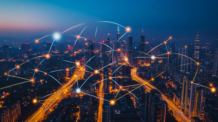 Fototapeta premium Smart digital city with connection cyber security network reciprocity over the cityscape . future smart wireless digital city and social media networking systems that connects people within the city