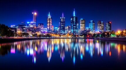 Obraz premium Vibrant City Skyline Night Reflection - A mesmerizing cityscape at night, its vibrant lights mirrored in a calm river. Symbolizing urban life, modernity, reflection, beauty, and progress.