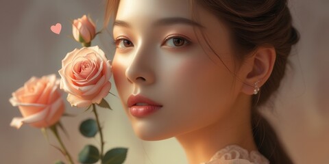 Fototapeta premium A woman with a rose in her hand. The roses are pink and the woman is wearing makeup