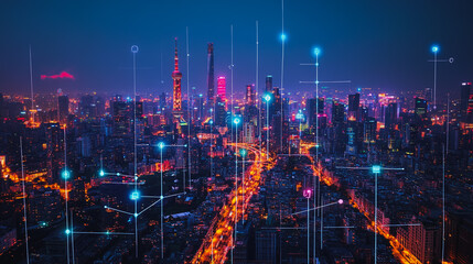 Fototapeta premium Smart digital city with connection cyber security network reciprocity over the cityscape . future smart wireless digital city and social media networking systems that connects people within the city