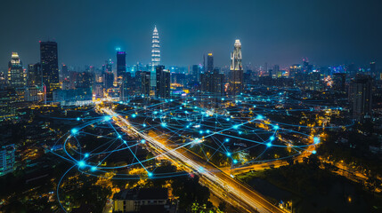 Fototapeta premium Smart digital city with connection cyber security network reciprocity over the cityscape . future smart wireless digital city and social media networking systems that connects people within the city