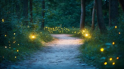A Moonlit Forest Path Enchanted by the Gentle Glow of Fireflies Under a Midnight Sky