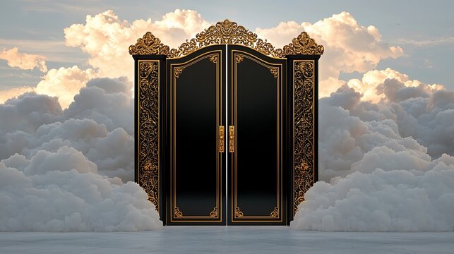 Ornate black gate in clouds, heaven concept.