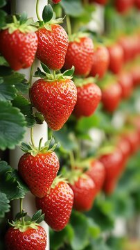 Vertical strawberry farm with ripe red strawberries growing on green vines under sunlight.
