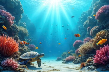 Obraz premium underwater scene of a colorful Reef ecosystem. The image showcases vibrant and colorful corals in shades of red, orange, yellow, and purple, teeming with diverse marine life